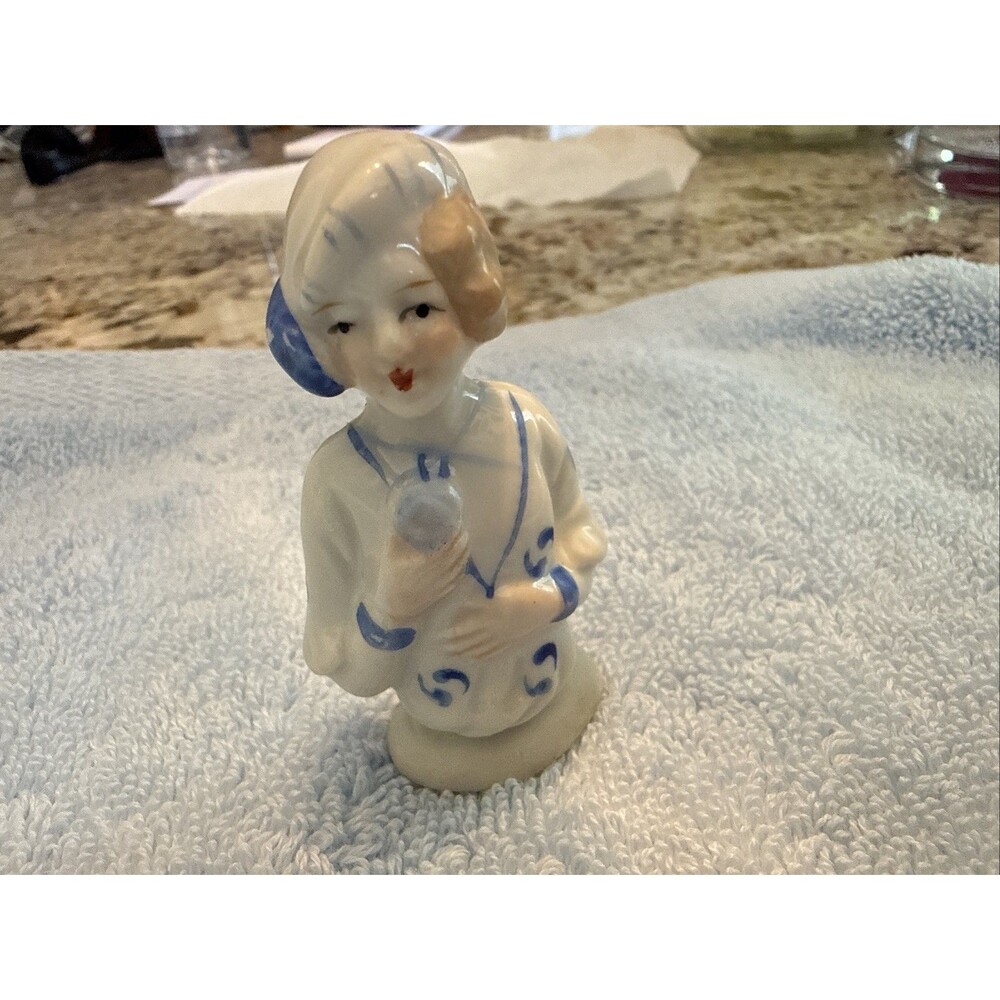 RARE 1920s Flapper Holding Rose Blue White Japan Pin Cushion Half Doll
